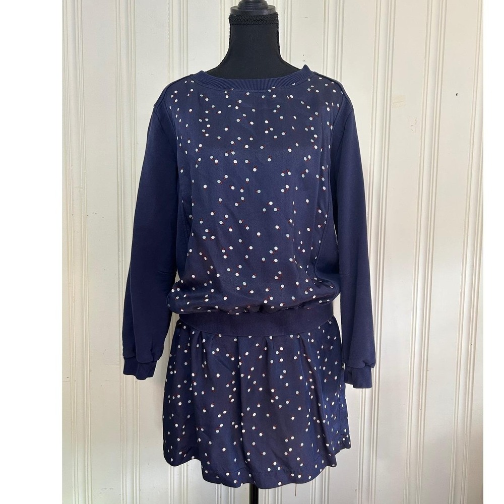 Vintage See By Chloe Navy Blue Dot Mixed Media Sweatshirt Dress Sz 8 Frenchgirl